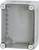 Grey electrical junction box with a transparent lid and four screws in the corners.