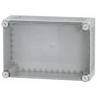 Rectangular, grey plastic box with a transparent lid, secured by four screws at the corners.