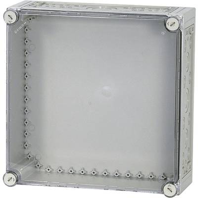 Metallic junction box with a transparent lid, visible screws at the corners and multiple pre-punched openings for cable entries.