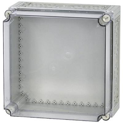 Transparent, square plastic enclosure with a removable front panel and numerous holes on the sides for cable entry.