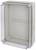 Transparent, rectangular plastic enclosure with side screw fastenings, suitable for electrical installations.