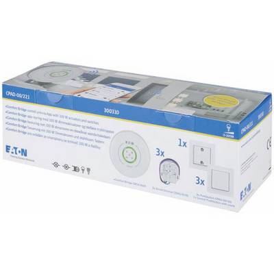 An Eaton packaging. Displays a smart lighting control system with illustrations of the included devices and their functions.