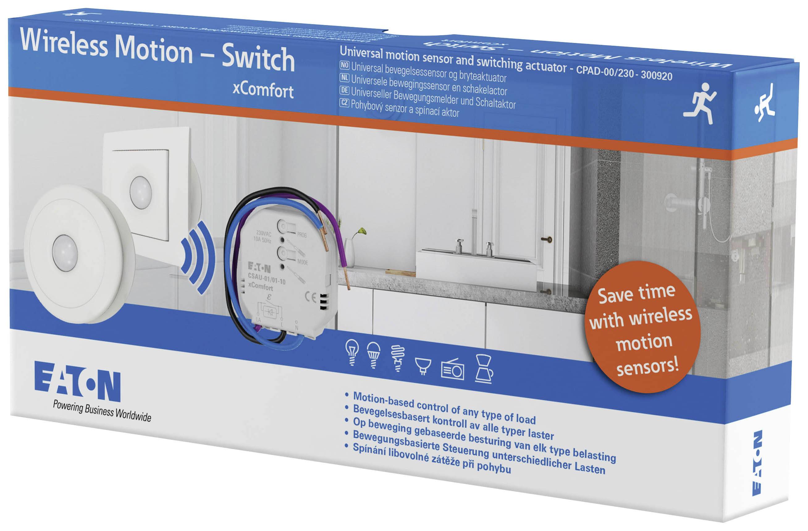 Wireless 'xComfort' Switch by Eaton in Packaging. Contains Sensor and Switch. Promises Time Savings through Motion Sensors.