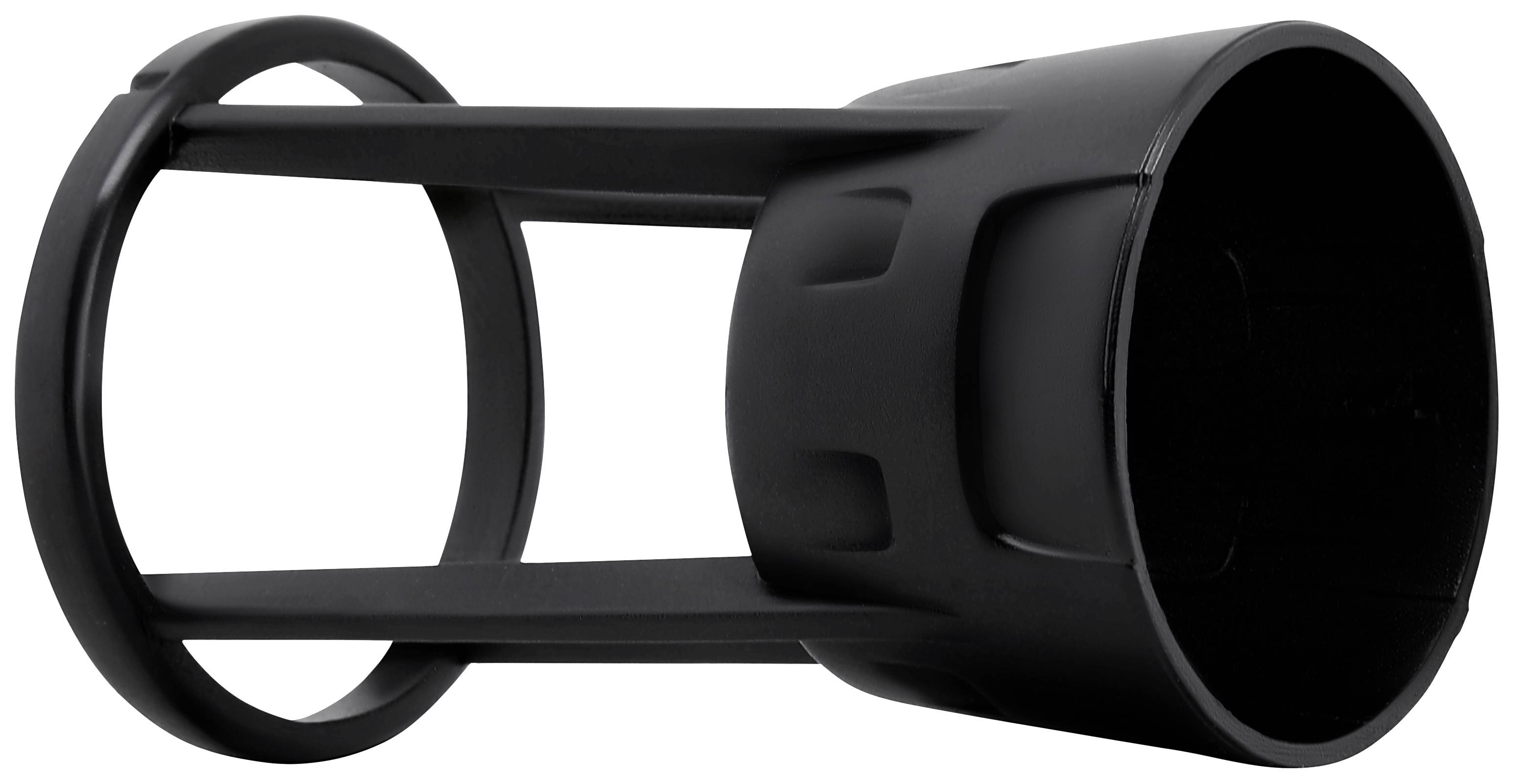 A black, cylindrical plastic component consisting of two rings connected by three struts.