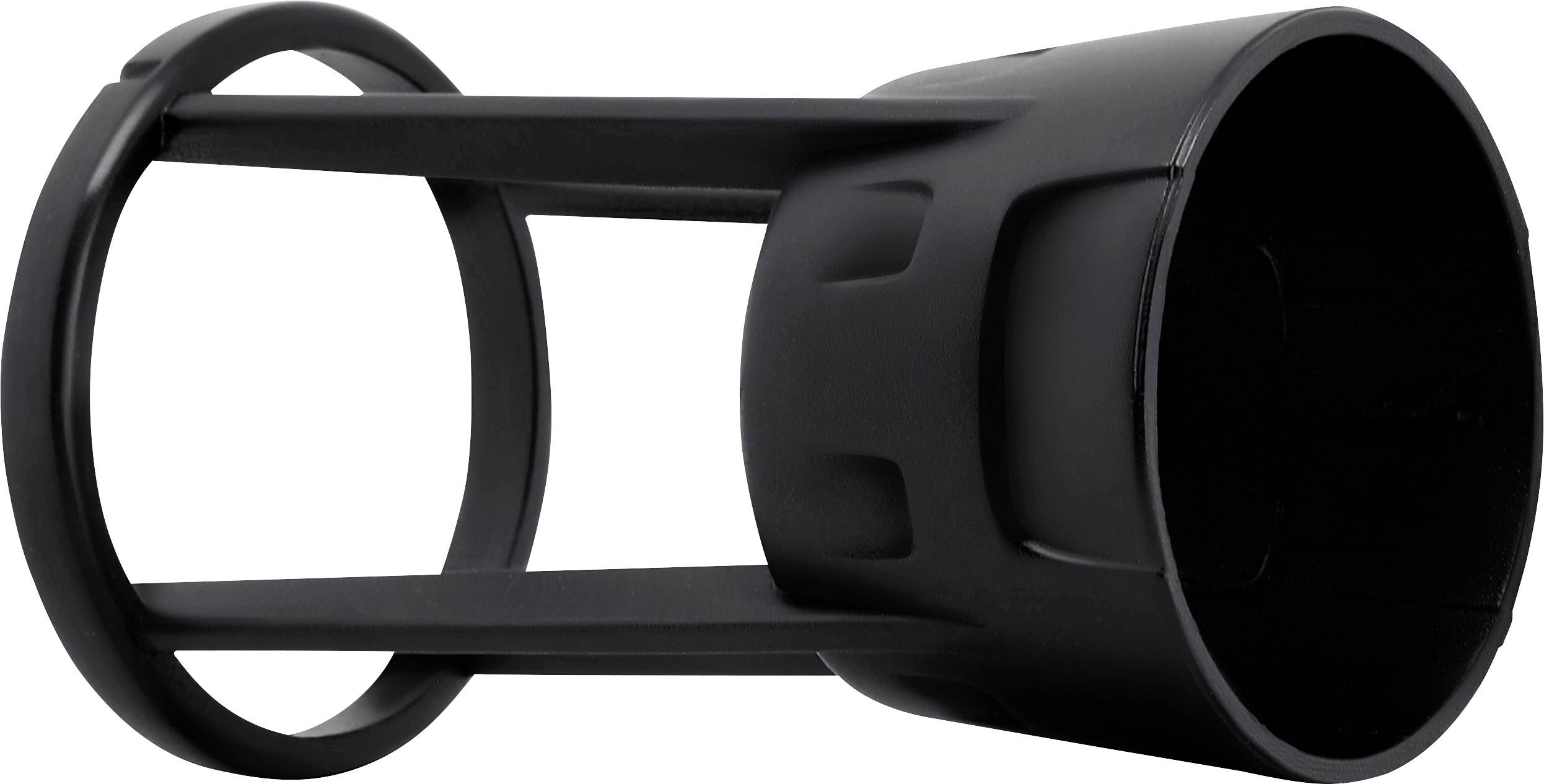 A black, cylindrical plastic holder with open sides and two horizontal supports connecting the round ends.