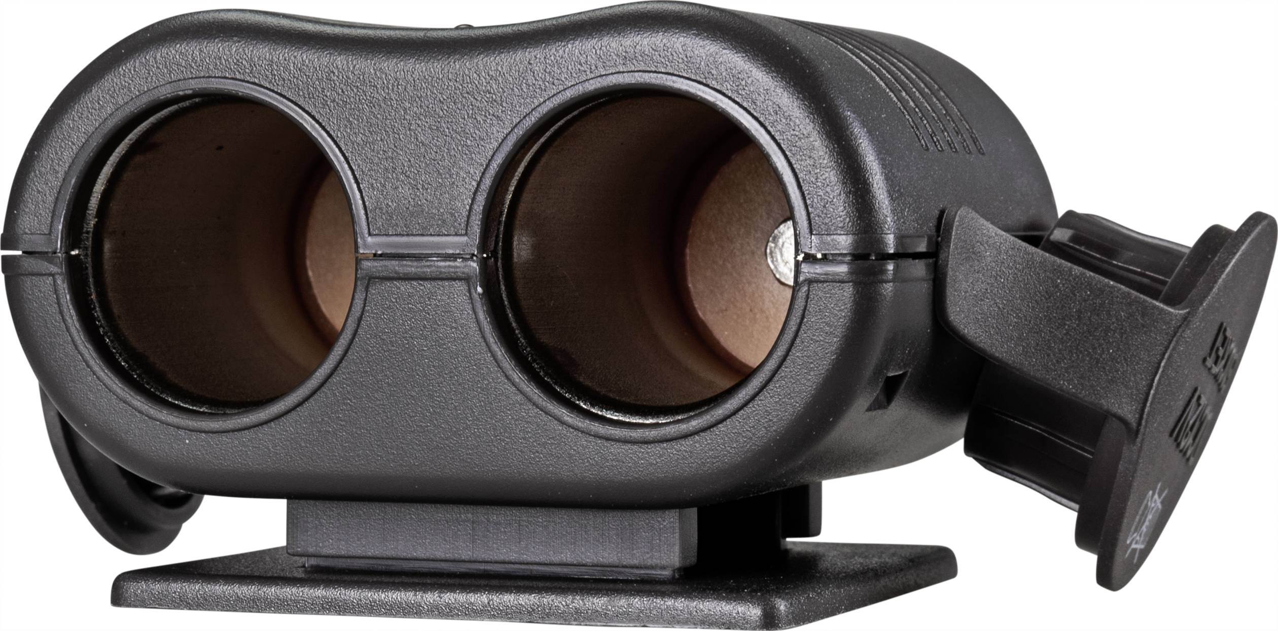 'Black binoculars on a platform, ready for use. They show two eyepieces without visible lenses.'