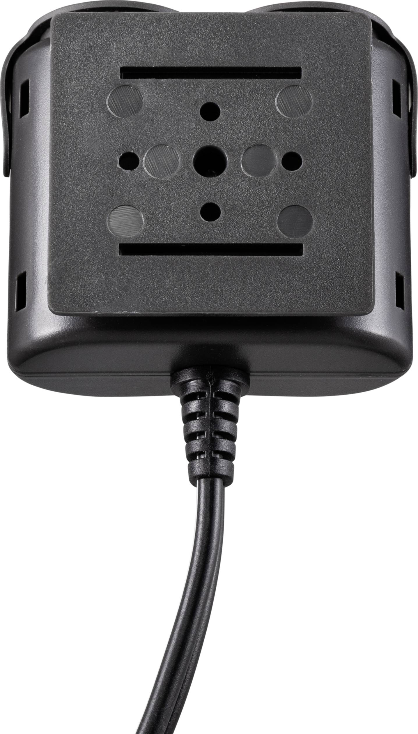 Black rectangular electrical device with cable, five round holes on the front, possibly with a stand.