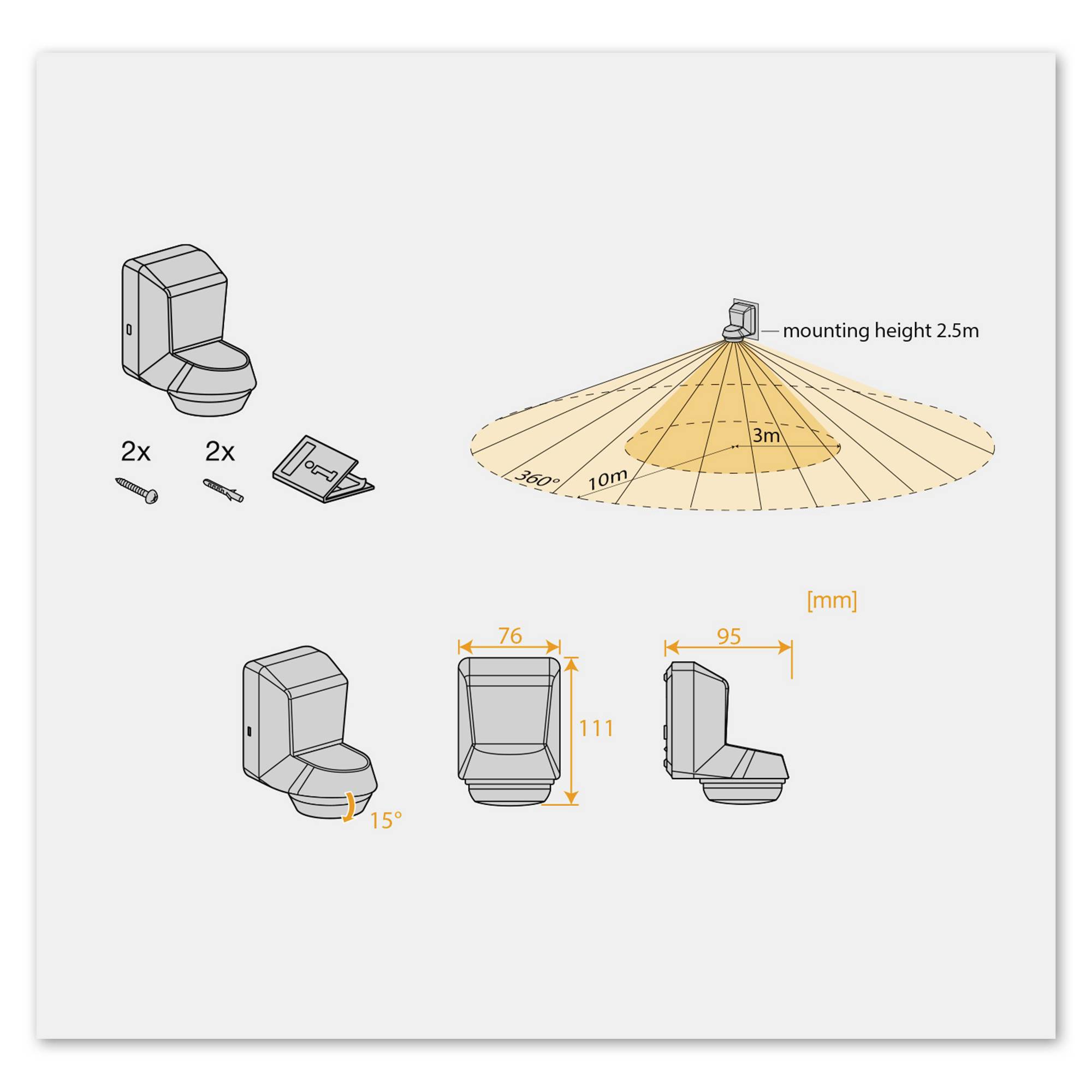 Installation diagram of a sensor with dimensions: 95 mm x 76 mm x 111 mm. Detection angle 15 degrees, range up to 10 m when mounted at a height of 2.5 m.