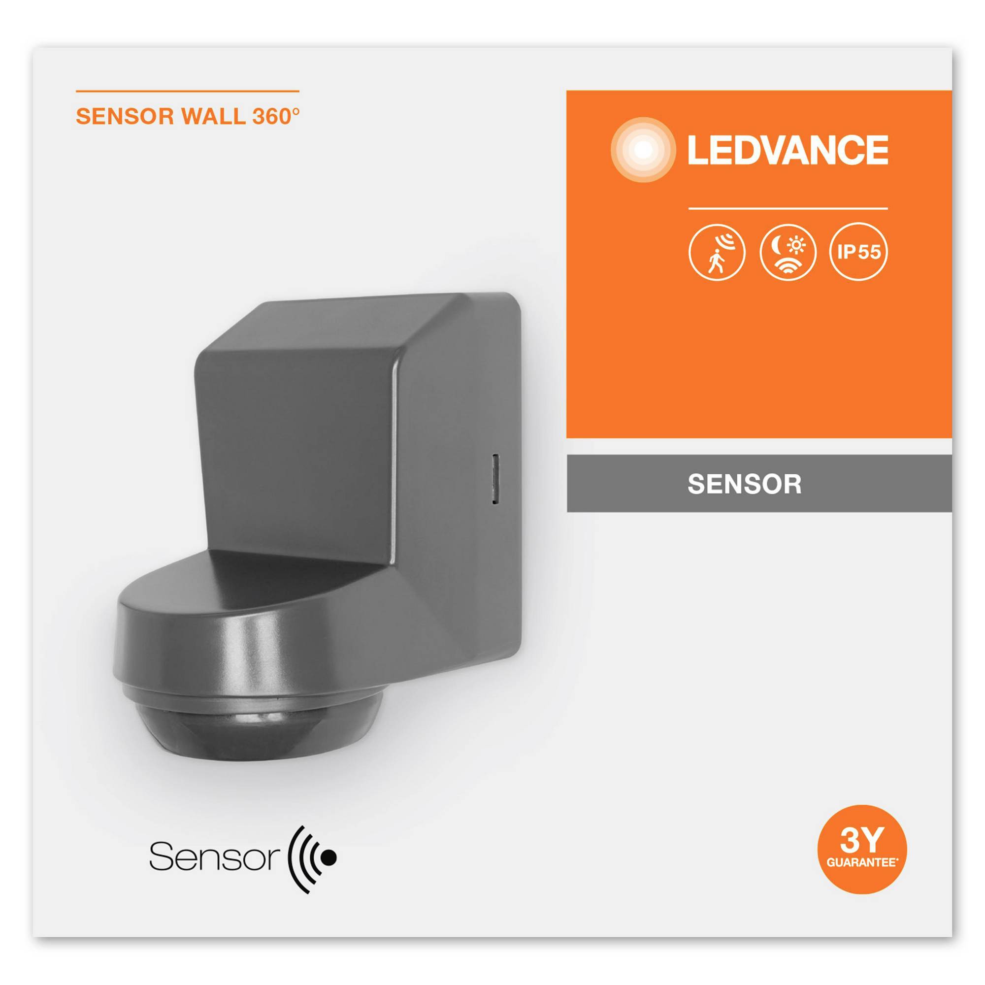 A grey LED sensor with 360-degree coverage by Ledvance, suitable for outdoor use, IP55, with 3 years' warranty.