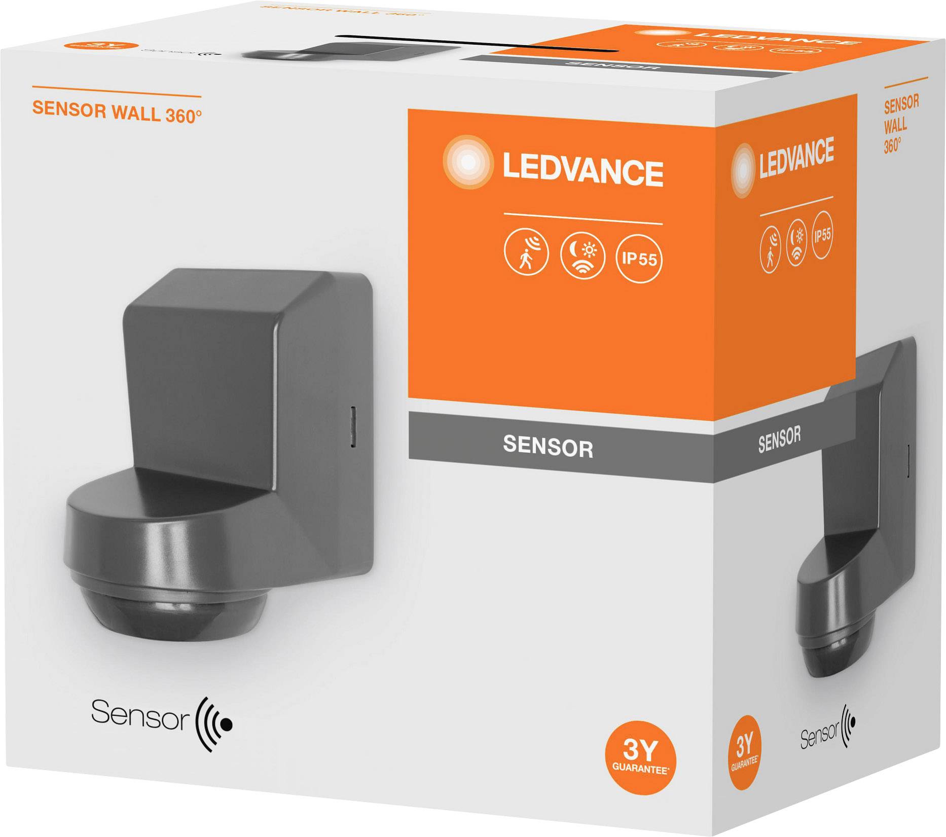 Packaging of a LEDVANCE Sensor, showing a grey sensor model. Functions: 360° coverage, IP55 protection, 3-year warranty.