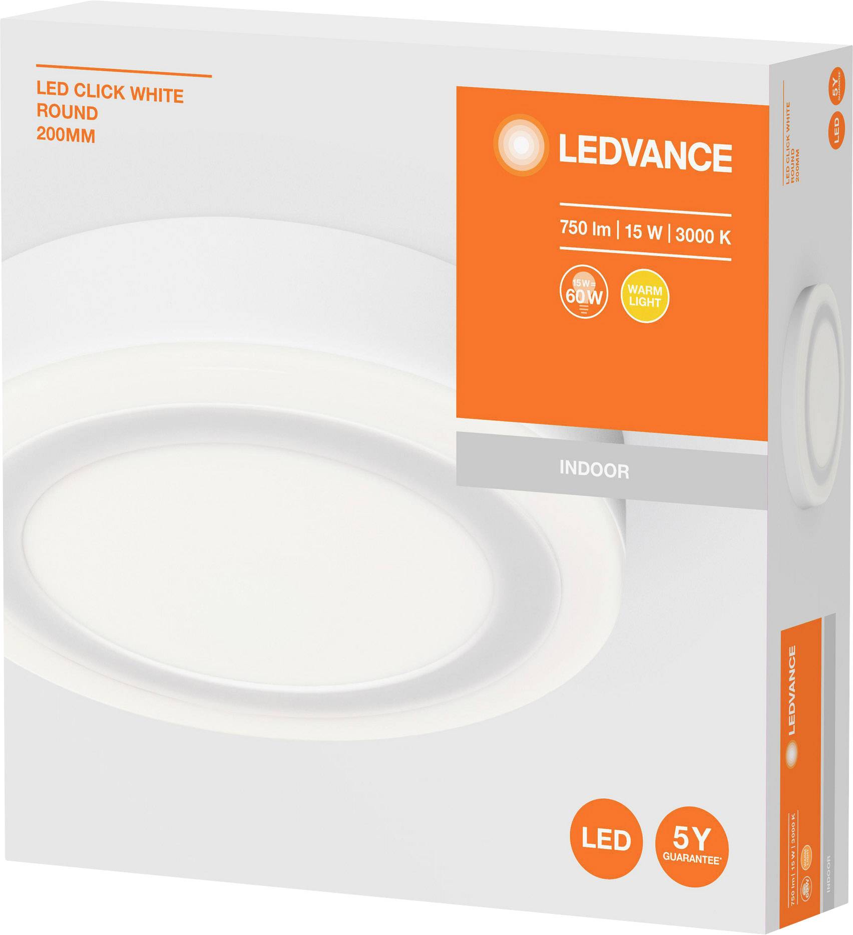 Packaging of a LEDVANCE LED ceiling light, 750 lumens, 15 watts, 3000 Kelvin, warm white light, round shape, 200 mm diameter.