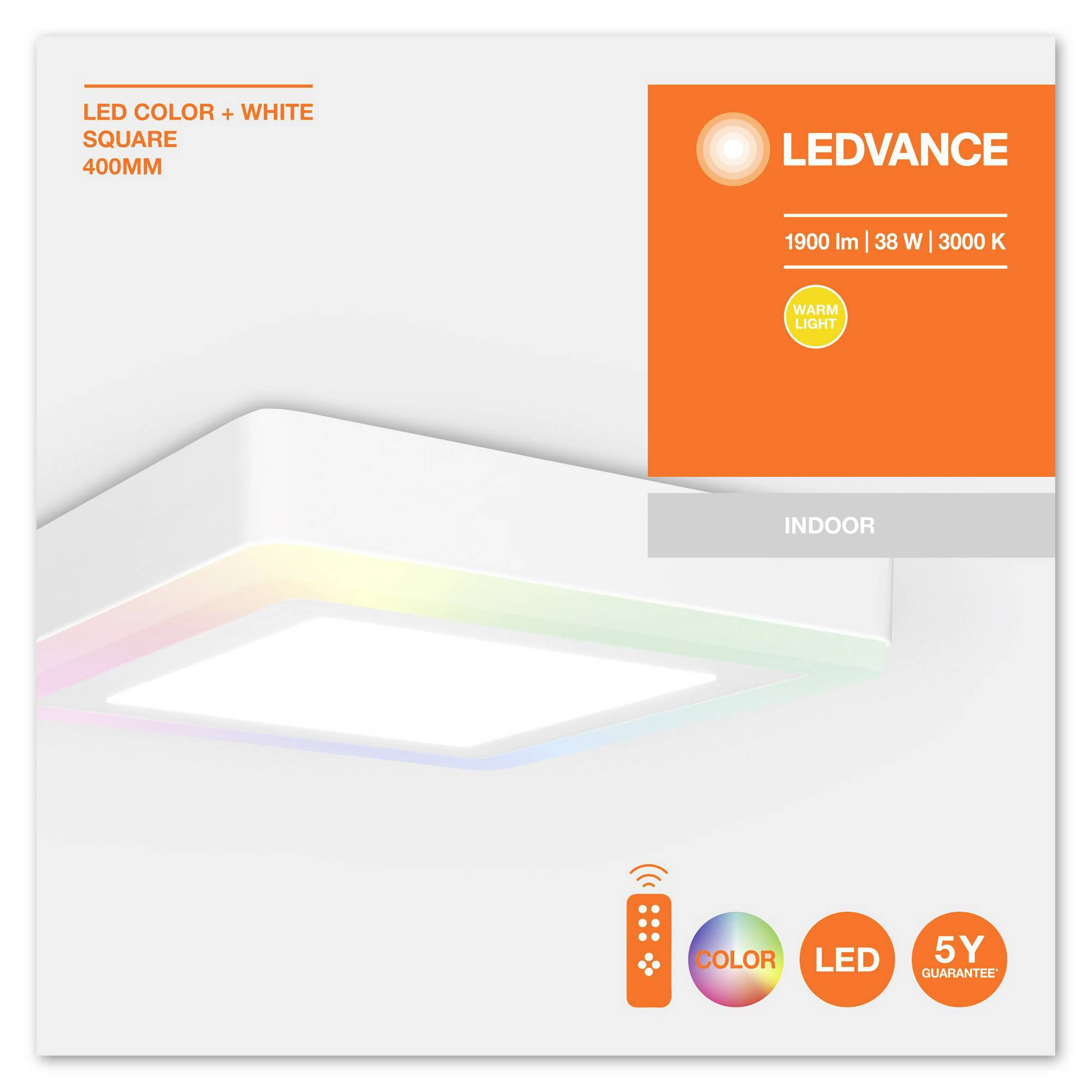 LED Ceiling Light in Square Design, 1900 lumens, warm white light, 3000 K, for indoor use. Remote control and 5-year warranty.