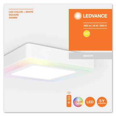 LED Ceiling Light in Square Design, 1900 lumens, warm white light, 3000 K, for indoor use. Remote control and 5-year warranty.