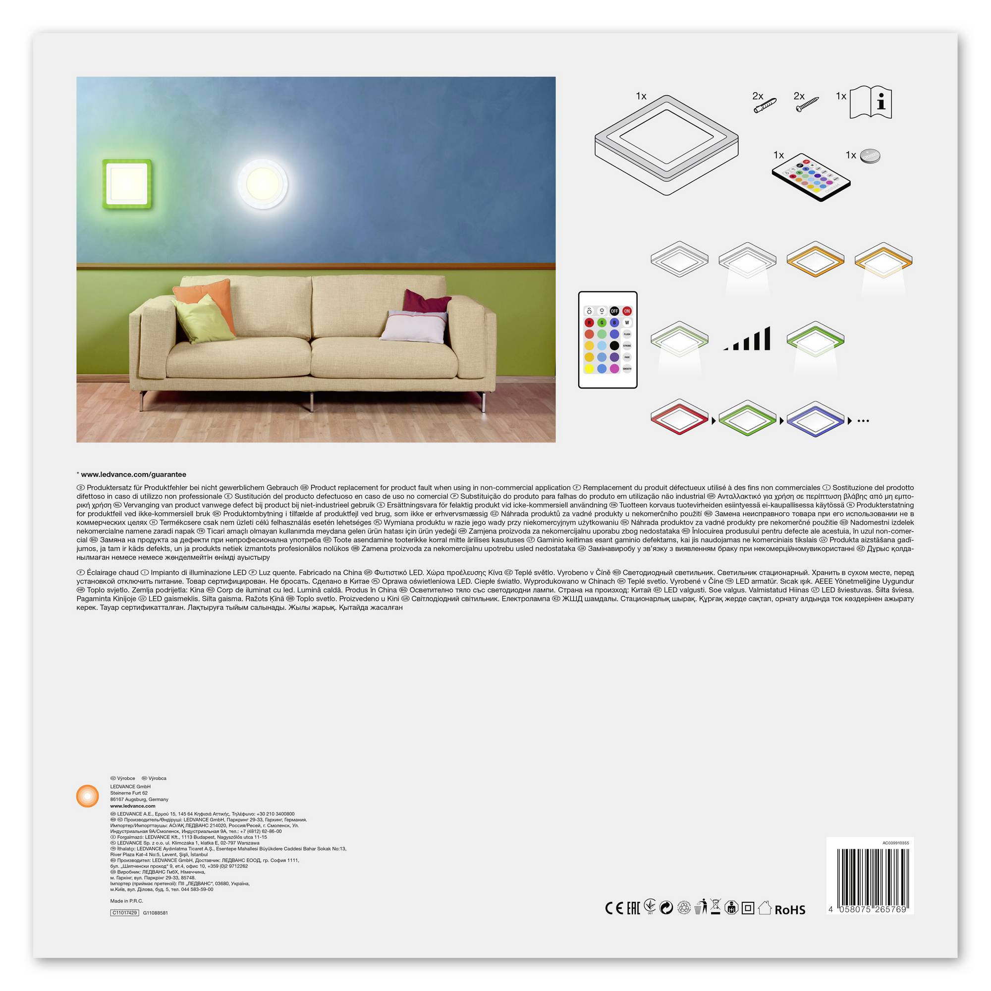 'Packaging for an LED ceiling light with remote control. Illustrations and symbols display various light colours and mounting options.'
