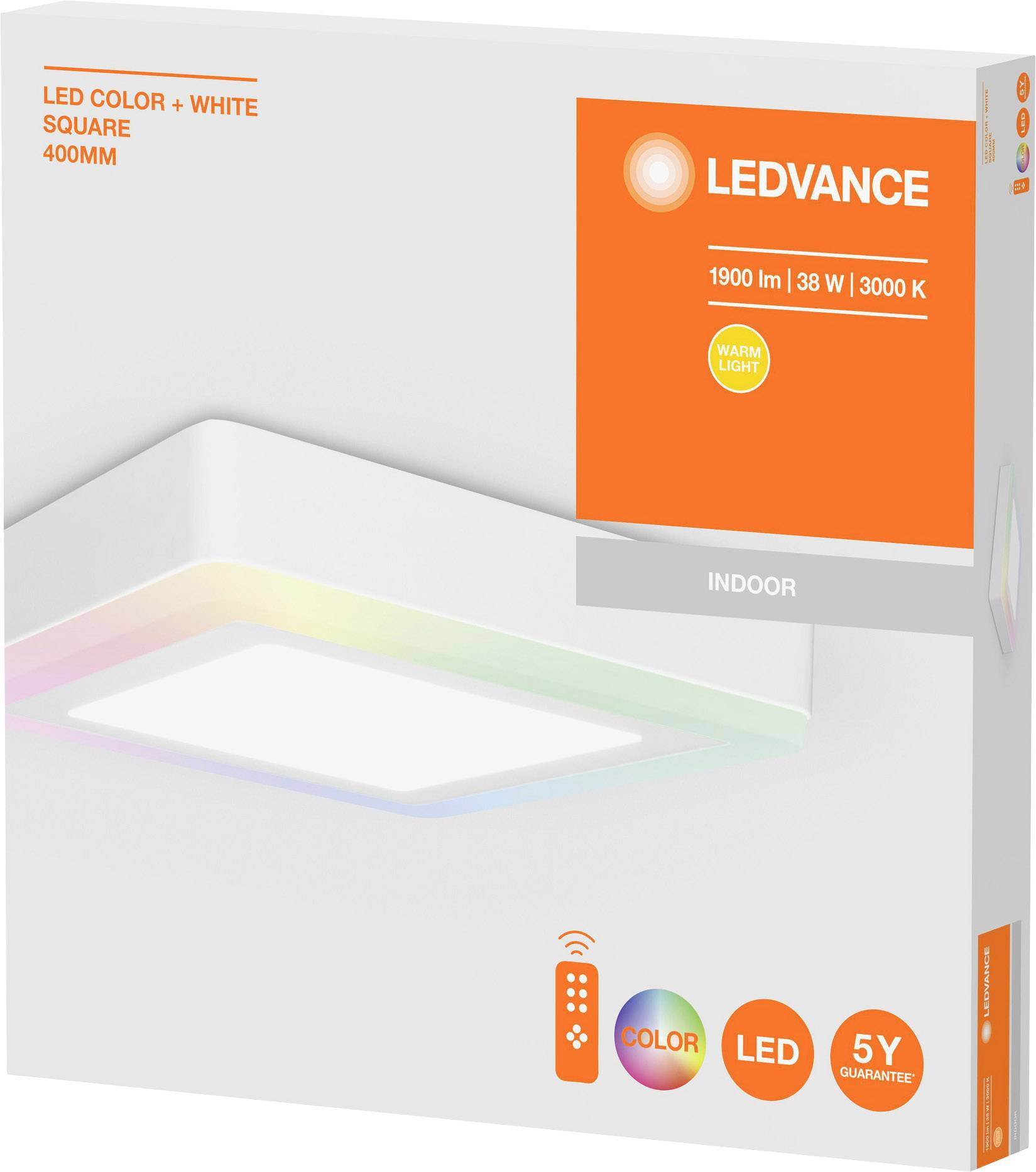 LED Ceiling Light, Square, 400 mm, 1900 lumens, 38 W, 3000 K, Dimmable, Warm White Light, Indoor Use, Including Remote Control.