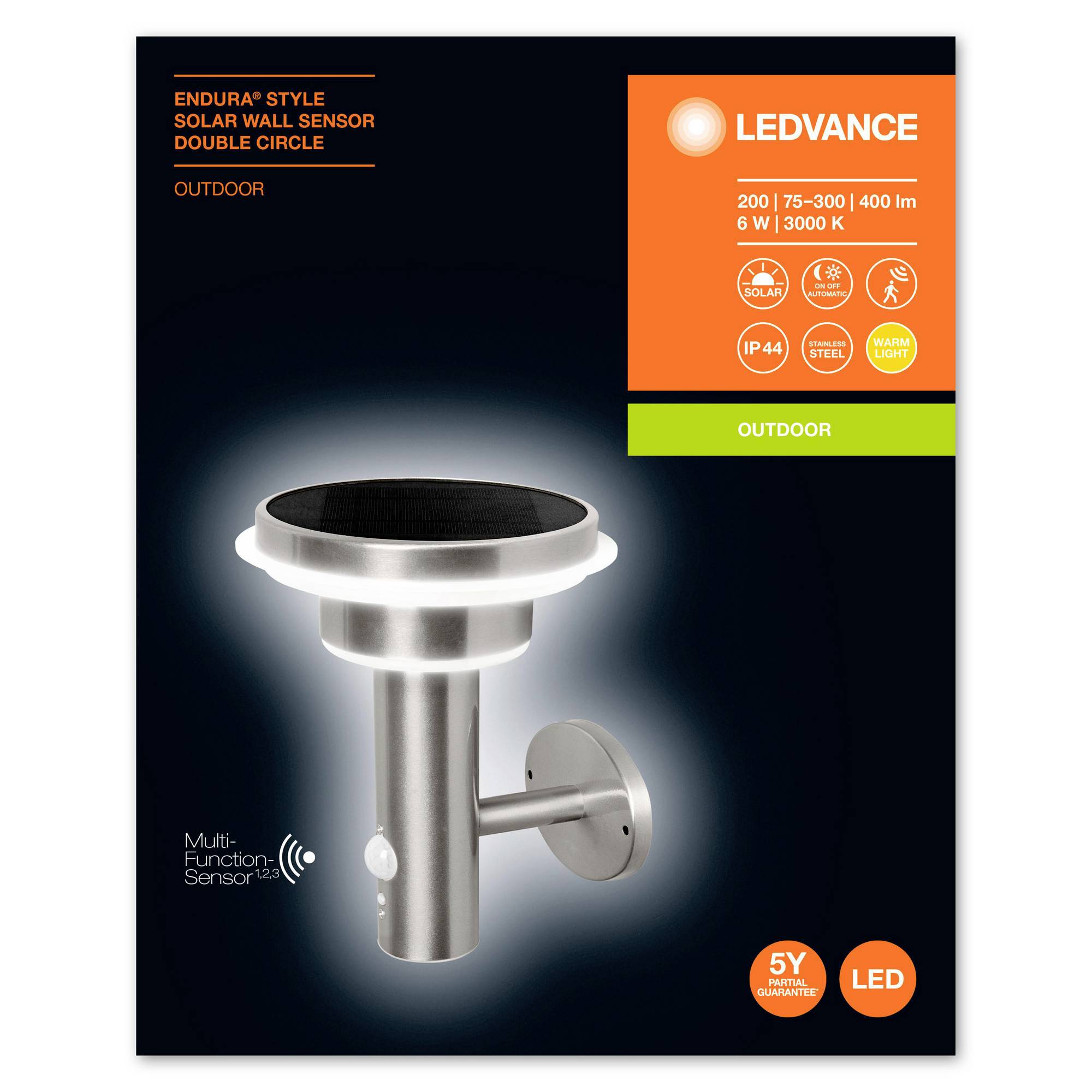 Solar-powered LED wall light by Ledvance, 6W, 3000K, silver design, with motion sensor and IP44 protection for outdoor use.