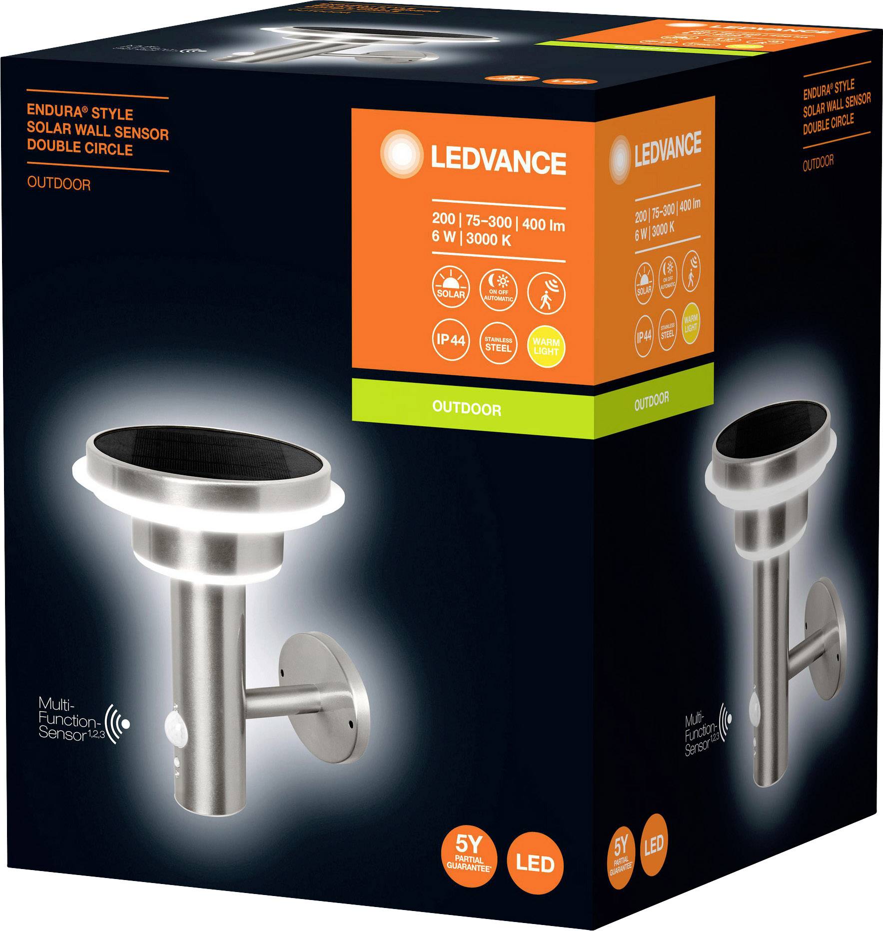 Packaging of a LEDVANCE Solar Wall Light with Motion Sensor for Outdoor Use, 6 W, 3000 K, Stainless Steel, IP44, 5-Year Warranty.