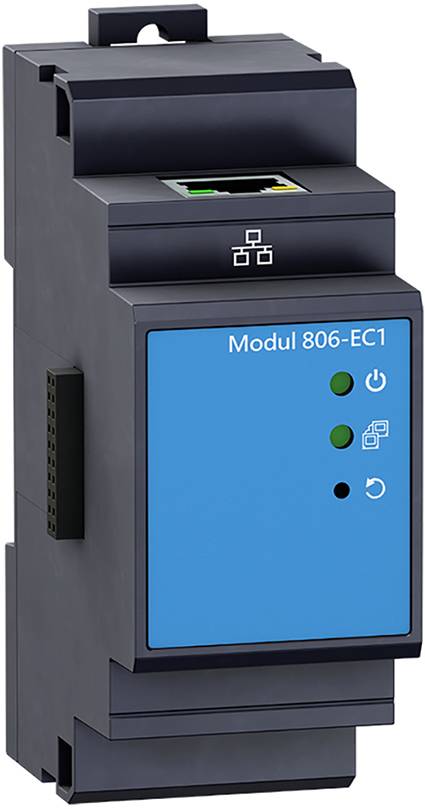 Black electronic module with blue front panel and three LED indicators, labelled "Module 806-EC1".