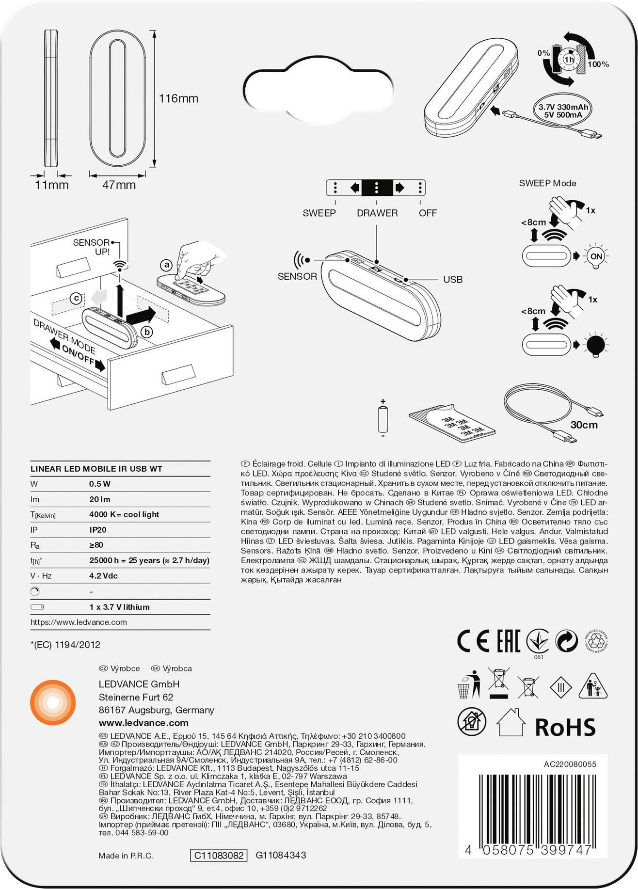 'Packaging of a LINEAR LED MOBILE KIT with illustrations and product details. Includes dimensions, symbols, and manufacturer information.'