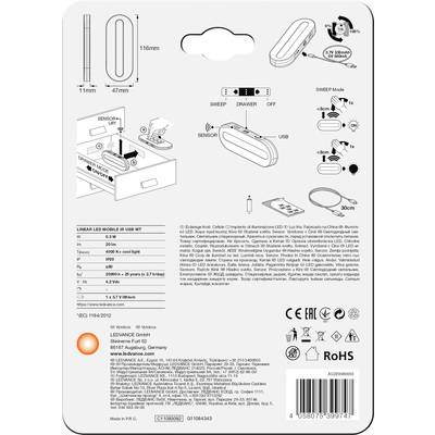 'Packaging of a LINEAR LED MOBILE KIT with illustrations and product details. Includes dimensions, symbols, and manufacturer information.'