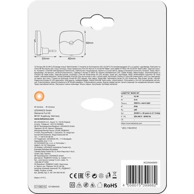 Back of a LEDVANCE LED night light packaging with technical details, manufacturer information, certifications, and barcode.