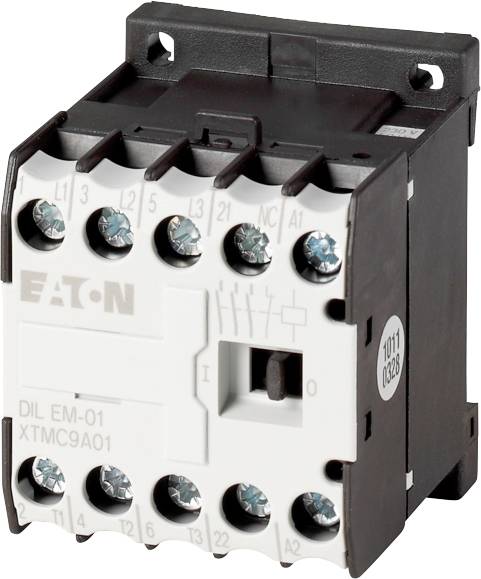 An electrical contactor by Eaton, model DIL EM-01, with multiple screw contacts. Used for controlling electrical loads.