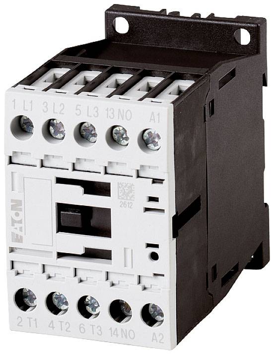 Protection device in a black enclosure, with white connections and screw terminals. 'Eaton' marking indicates the manufacturer. Electrical component for control purposes.