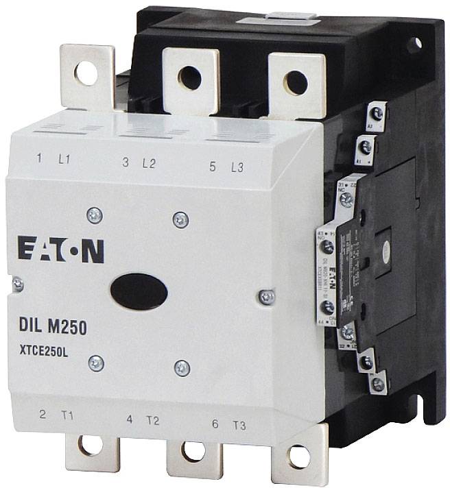 Protection device for the Eaton brand, model DIL M250. Compact design with black and white housing, visible connection terminals.