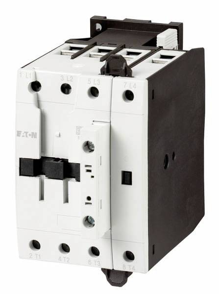 A white electric contact switch branded 'EATON', fitted with multiple sockets and connections.