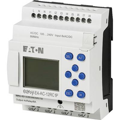 A programmable control unit with digital display and blue operating buttons by Eaton. It supports AC/DC and has multiple connection ports.