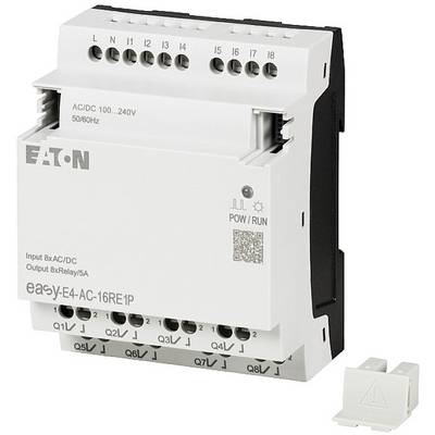 'Eaton easyE4 control relay' with eight inputs and four outputs. Shows connection terminals and control panels. Barcode on housing.