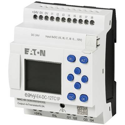The image depicts a programmable control unit by Eaton, model EASY-E4-DC-12TC1P, featuring a display and several blue function buttons.