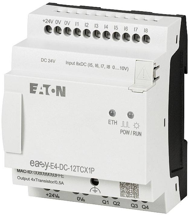 The image shows a programmable logic controller (PLC) by Eaton, model 'easy-E4-DC-12TCX1P', with connections for power supply and inputs.