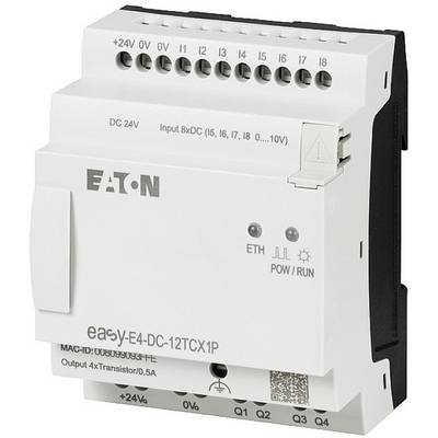 The image shows a programmable logic controller (PLC) by Eaton, model 'easy-E4-DC-12TCX1P', with connections for power supply and inputs.