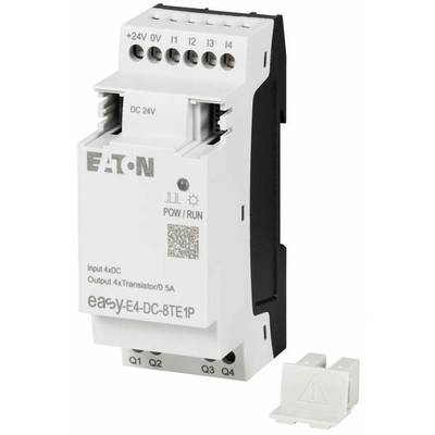 An Eaton Easy-E4-DC-8TE1P logic module with multiple terminals at the top. Front face shows input details and QR code.
