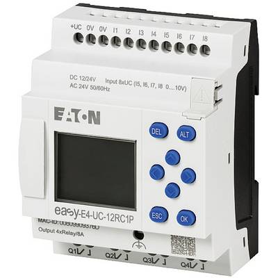 Electronic control unit with display and blue buttons, model 'Eaton easyE4', for controlling relays, showing switching outputs.