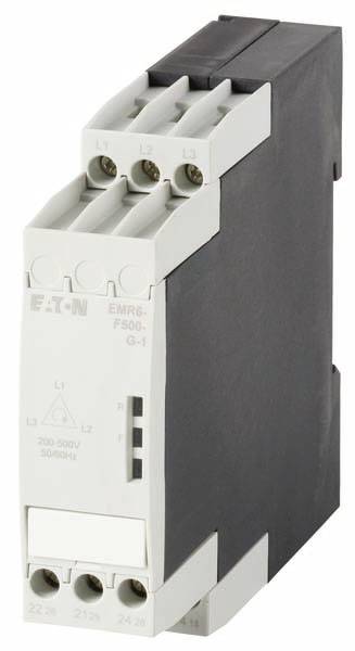 An electrical relay by Eaton, model EMR6-P500-G-1. Shows connection terminals and voltage range of 200-500 V, 50-60 Hz.