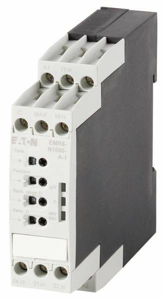 Compact electric relay by Eaton with multiple connection terminals and control elements, suitable for industrial control applications.