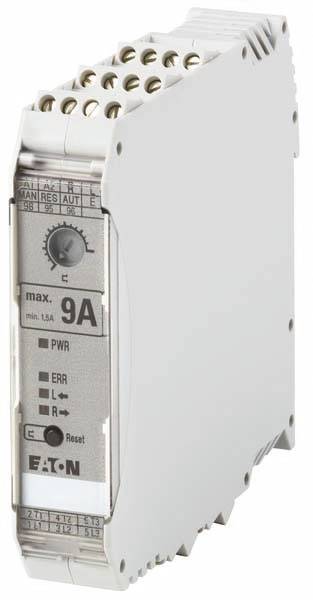 A white electrical device by Eaton, set to max. 9A. It features LED indicators for PWR, ERR, L, R and a reset button.