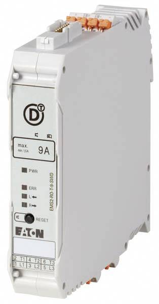 A grey electrical control unit by Eaton with a plug connection and LED indicators for power status and fault indication. Maximum current rating: 9 A.