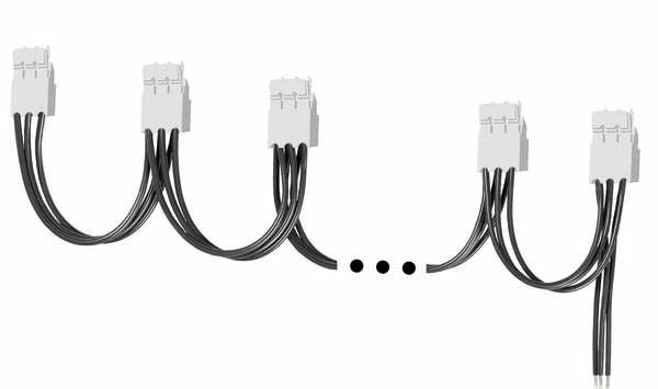 White connectors are linked via black cables and form a continuous chain with three unconnected cable ends.