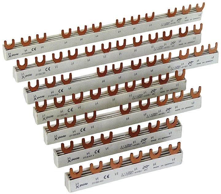 Copper busbars with double fork contacts, suitable for electrical connections in distribution cabinets. Various lengths and spacings visible.