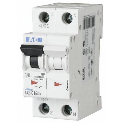 Eaton circuit breaker, model FAZ-C16/1N, displaying switch and electrical specifications on white housing.