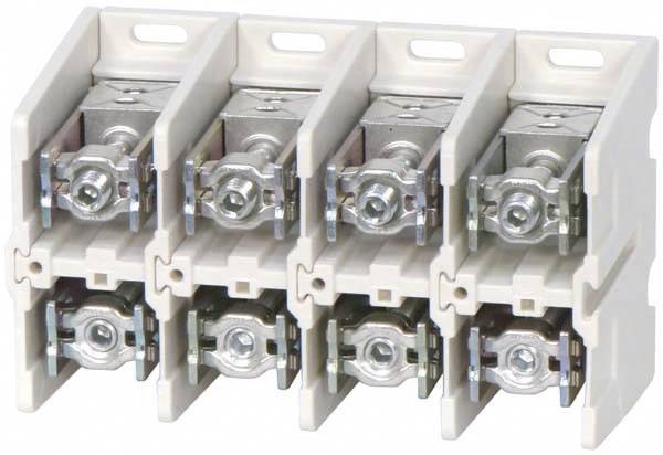 Six white fuse holders with metallic contacts, used for housing fuses in electrical control cabinets.