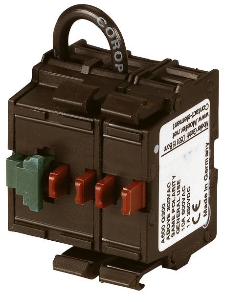 A black electrical switch with green and red push buttons, displaying the inscription 'Made in Germany' and technical specifications.