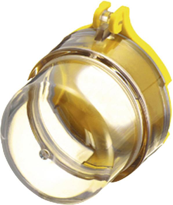 Yellow and transparent plastic component with a round design and hinge at the top. Suitable for mechanical or industrial applications.