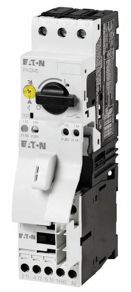 An electrical component by Eaton, with a rotary handle and buttons for control. Used in control cabinets for protection and operation.