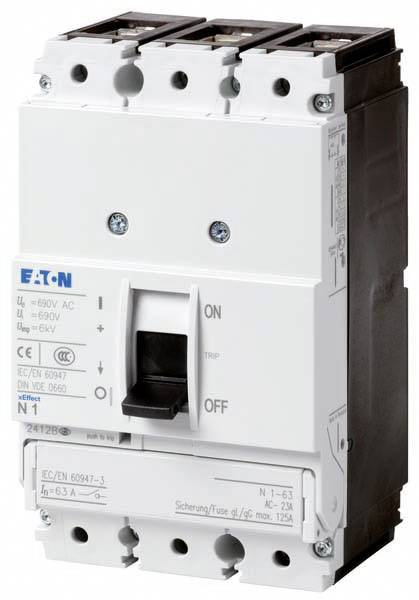 A circuit breaker with a lever for 'On' and 'Off', marked with technical specifications, designed to protect electrical circuits.