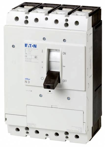 A circuit breaker with a lever and markings 'ON', 'OFF'. The device is primarily white with a blue logo in the top left corner.