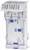 A vertical electrical circuit breaker, white and grey, with blue details, is used to protect against overcurrent.